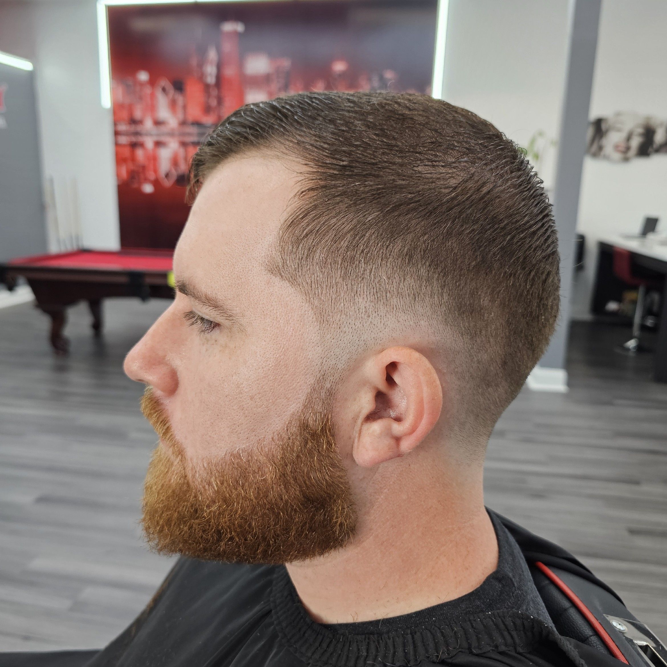 Taper fade with full beard at Legacy Barbershop & Lounge, Plano IL